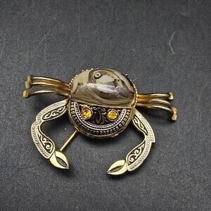Damascene Crab Brooch Gold Tone Black Beach Jewelry Vintage